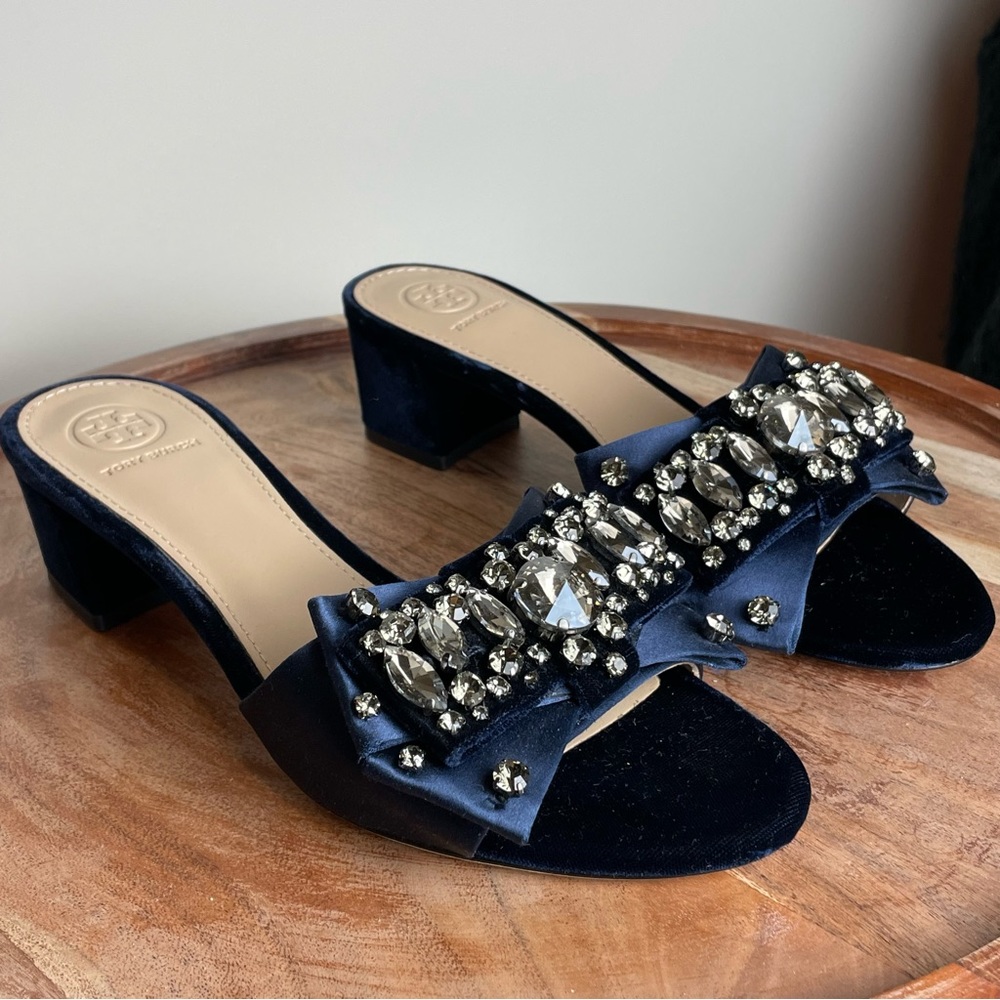 Extremely Pretty Open Toe Bow Embellished Navy/ Cobalt Blue Kitten Heels